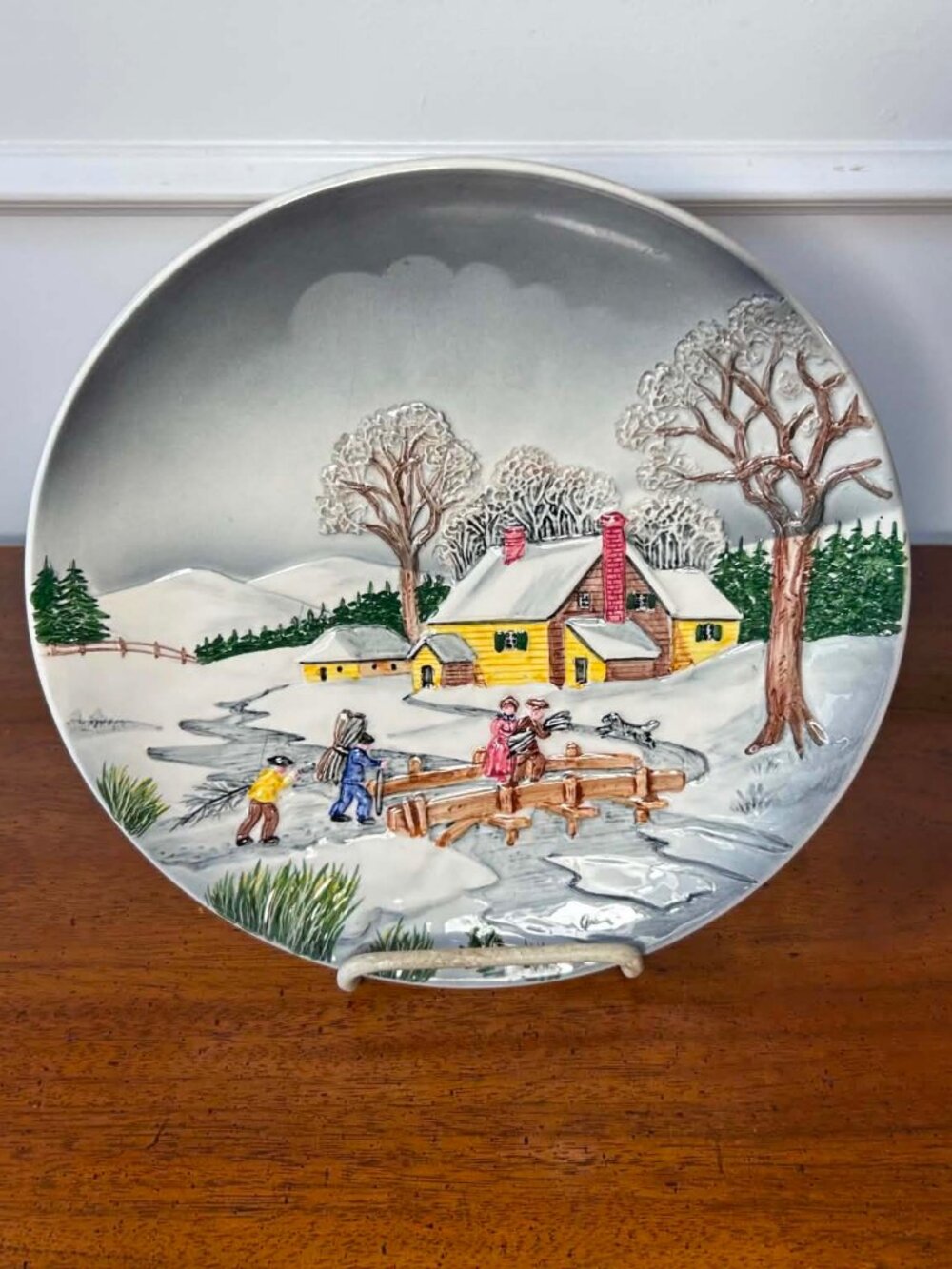 Vintage West German winter countryside majolica plate